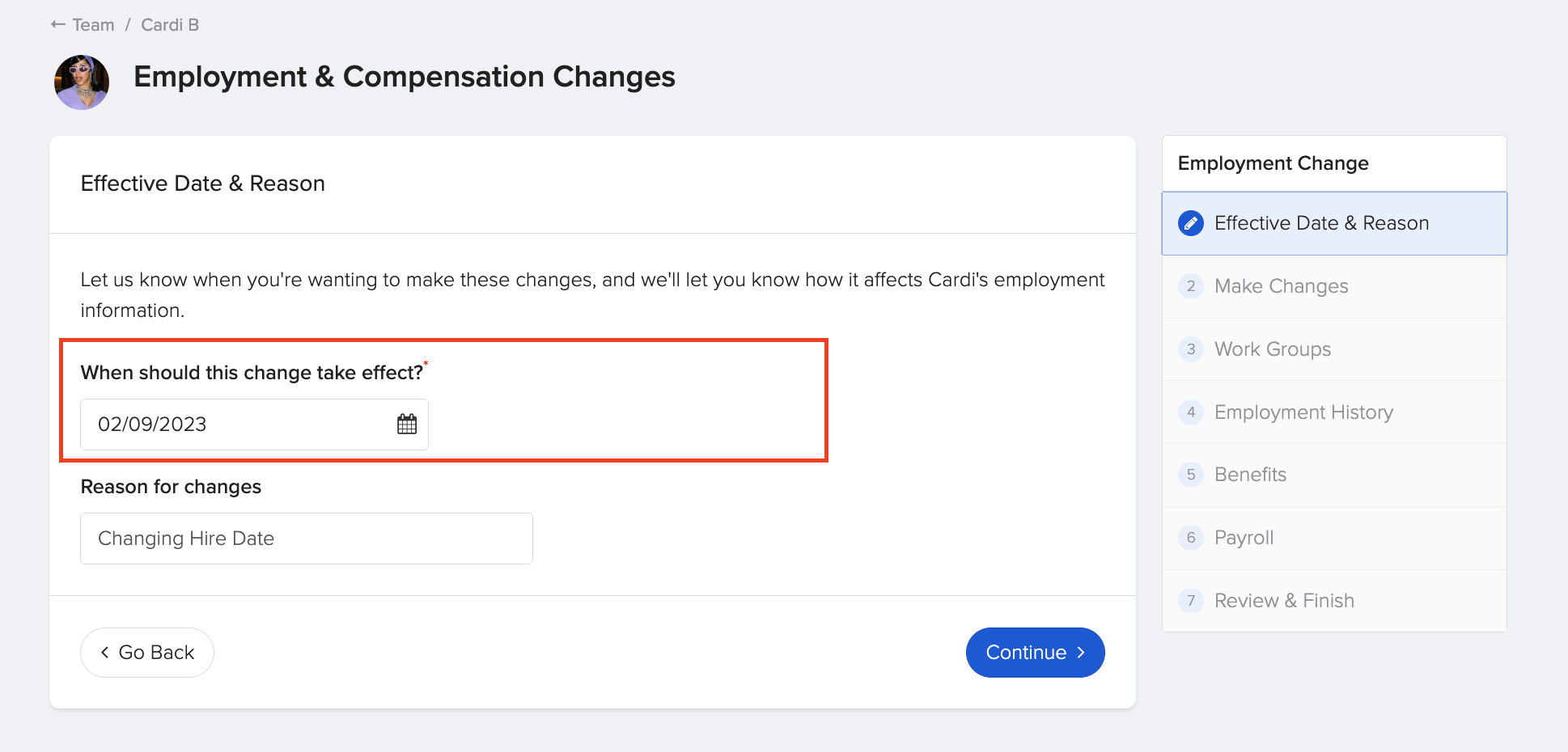 How do I change an employee's hire/start date?